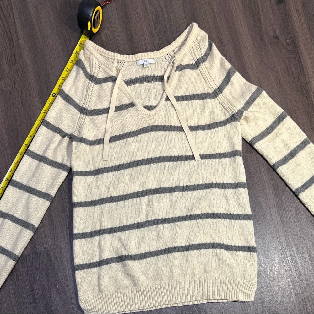 GAP Striped Knit Tunic Sweater Beige Gray Drawstring Neck Pullover Size M - Picture 6 of 9